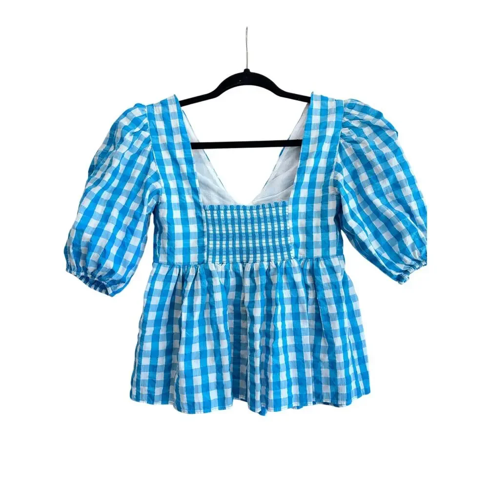 Lilly Pulitzer Sarafina Gingham Tie Front Puff Sleeve Peplum Blouse  00 peasant